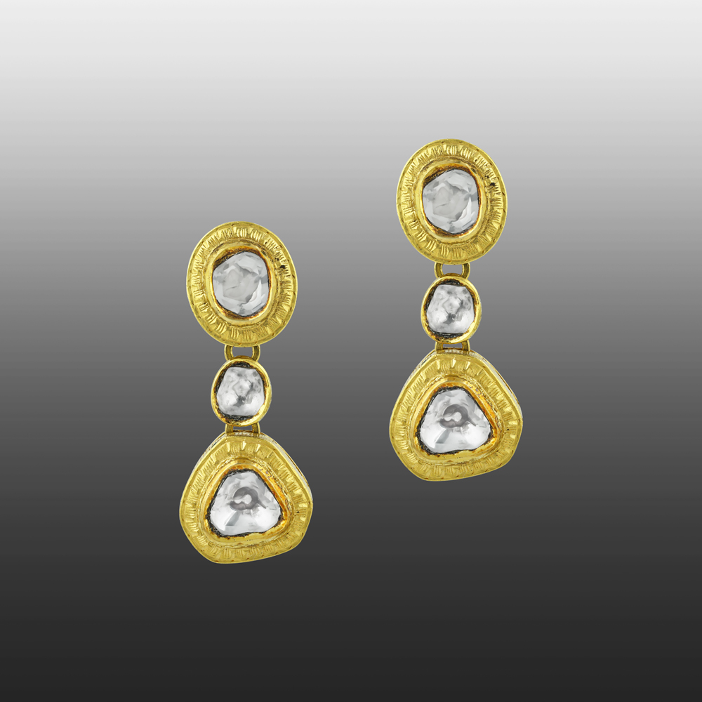 Geometric Polki Earrings with Textured Gold Frames